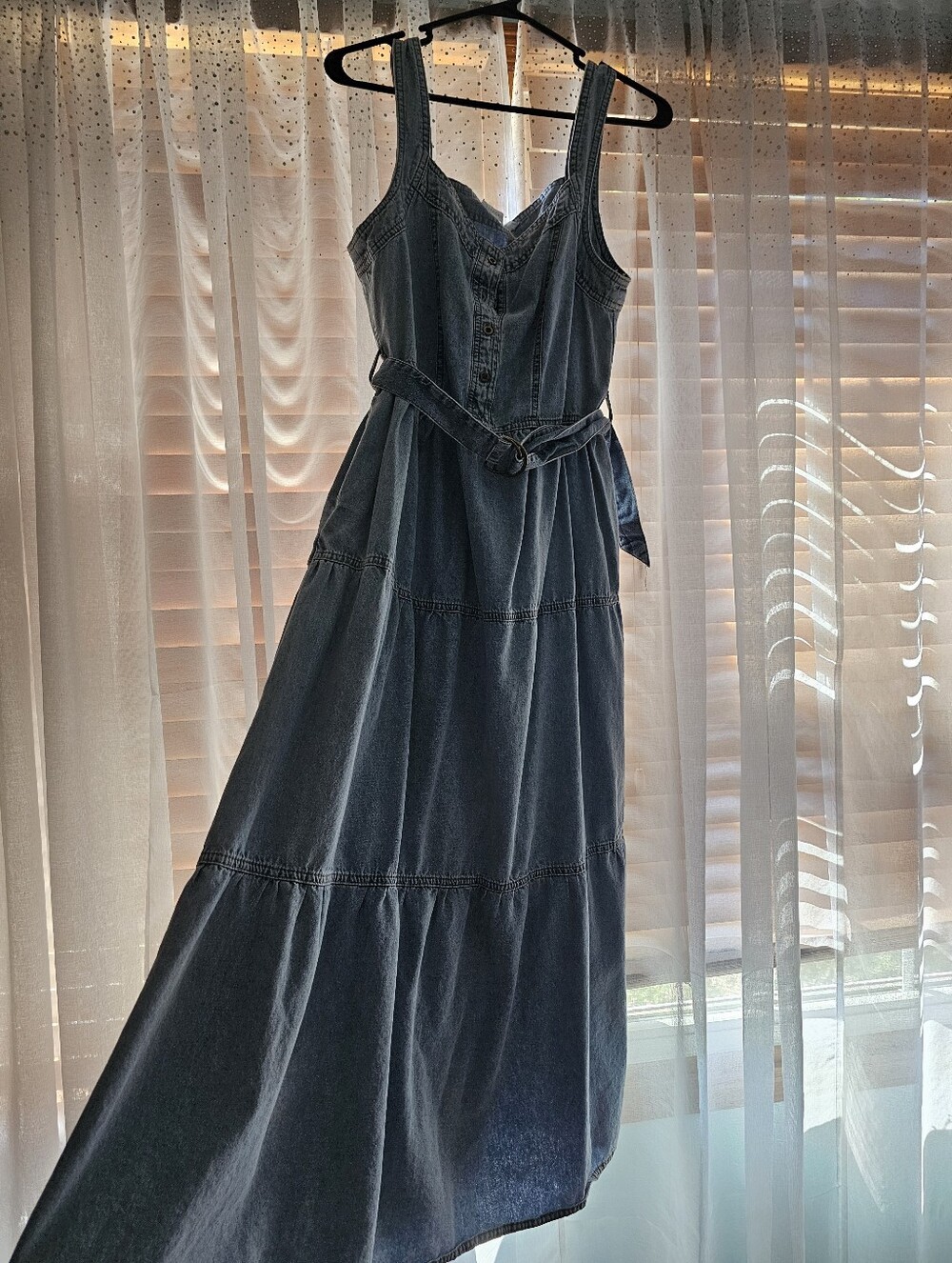 Denim Maxi Tank Dress with Belt - Blue